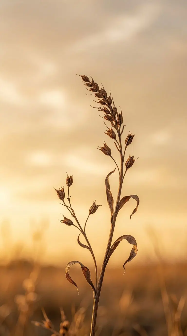 Close-up of dried plant stalks captured in warm earth tones at sunset