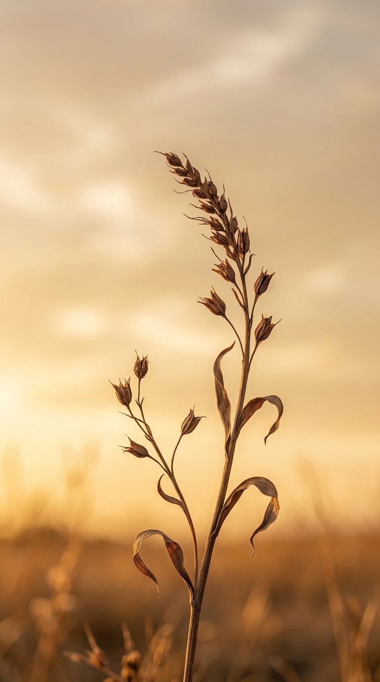 Dried plant stalks with seed pods and curled leaves against a blurred background with warm golden sunset lighting