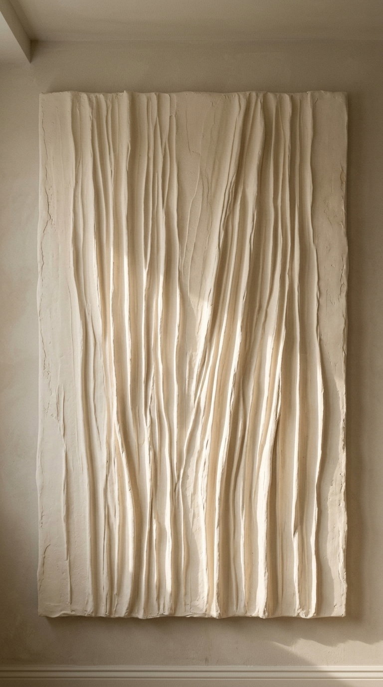 large rectangular wall sculpture with vertical abstract ridges and folds in neutral beige tones