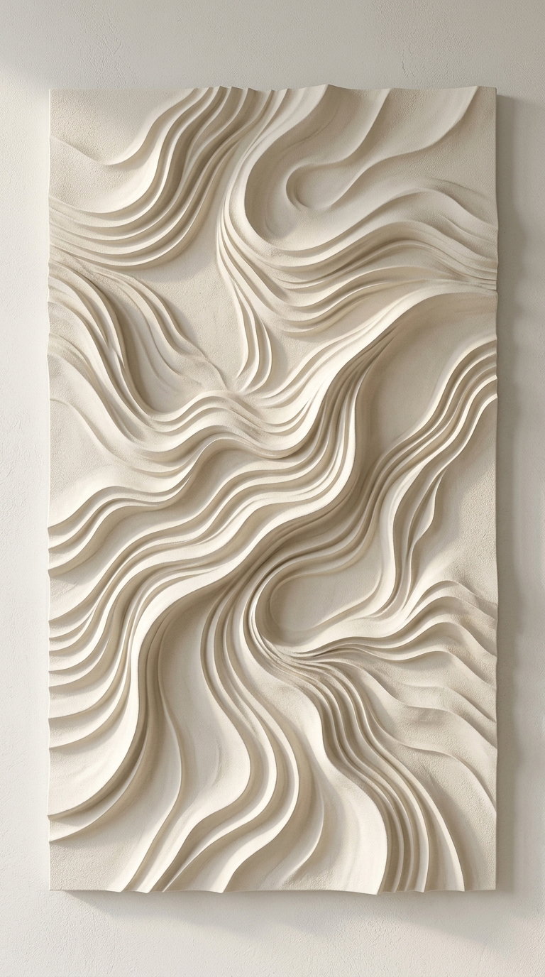 White and beige abstract wall art featuring layered flowing wave-like patterns creating three-dimensional texture