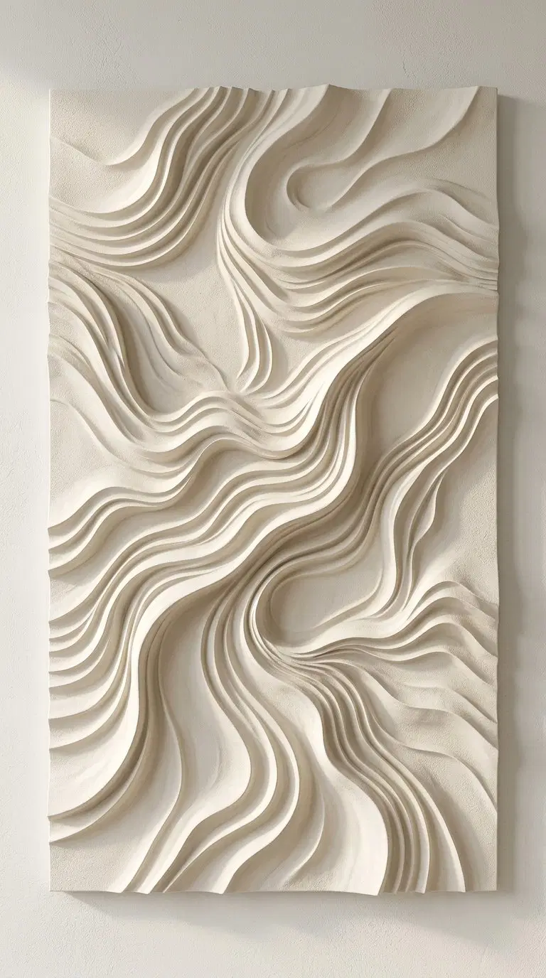 Elegant three-dimensional abstract wall sculpture with flowing curves in neutral tones