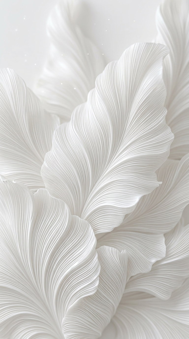 Detailed white leaves with fine textured lines arranged closely together