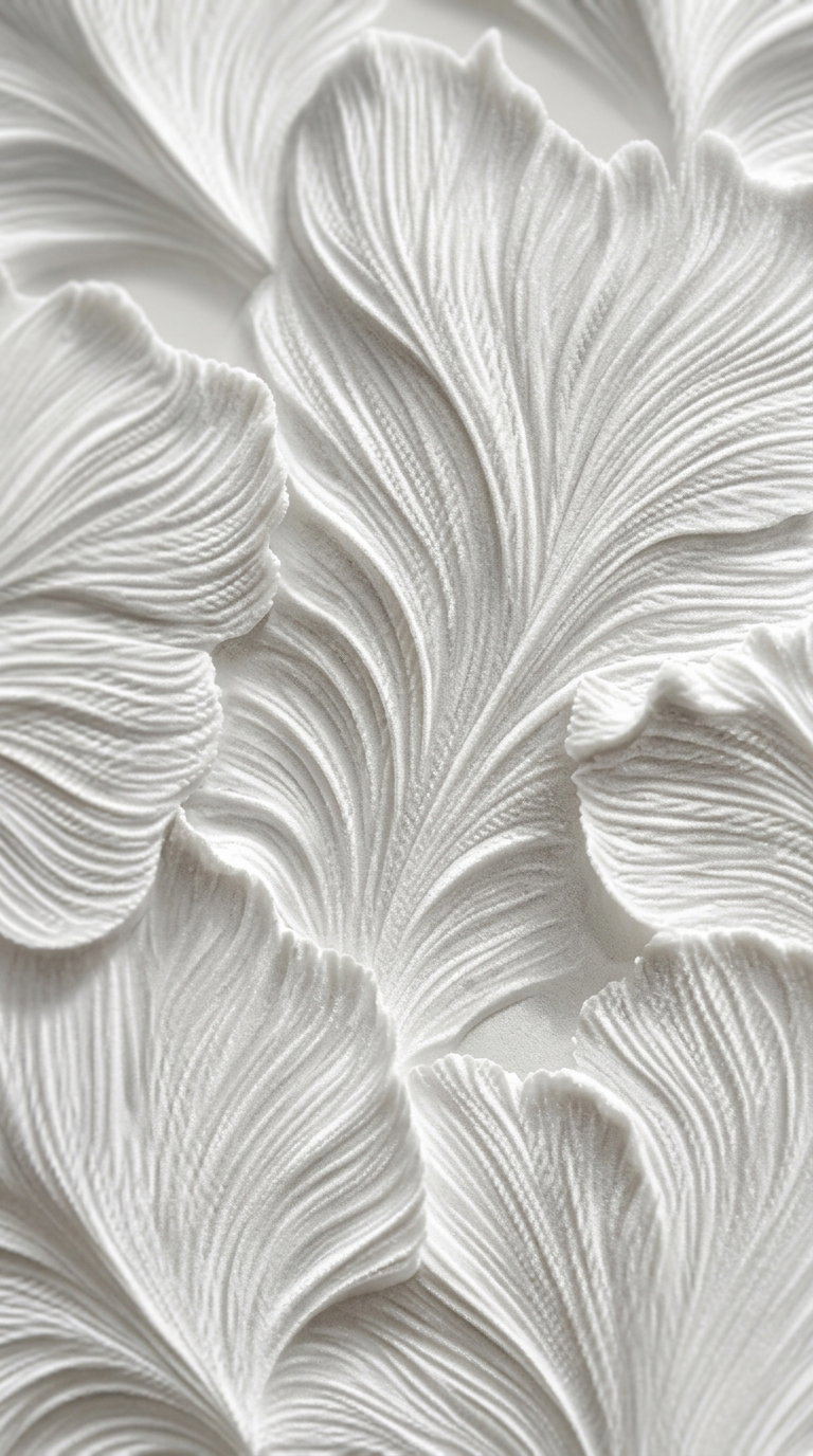 Close-up of white textured wall art featuring detailed, flowing leaf-like patterns