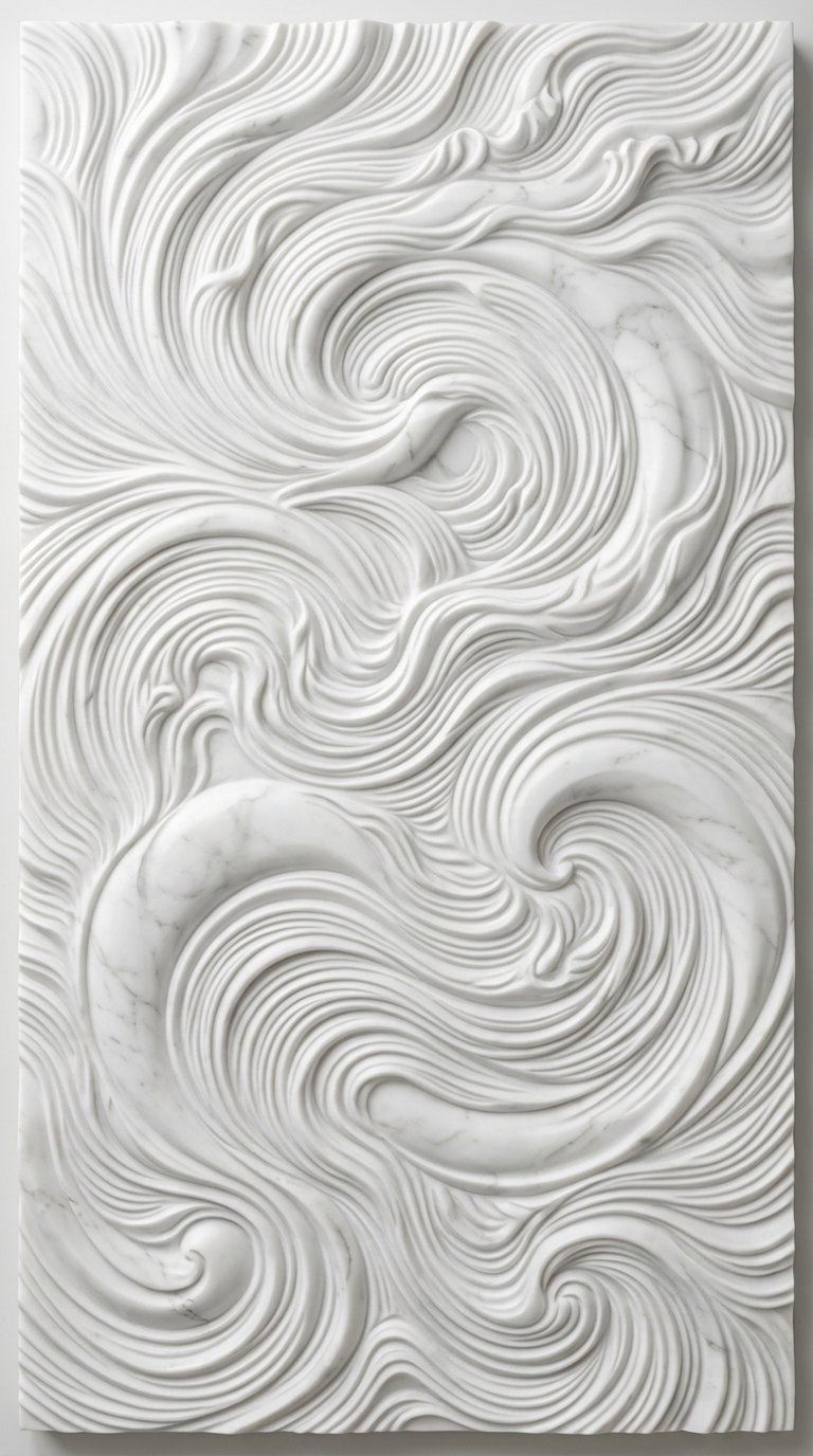 Rectangular white marble relief artwork featuring swirling, flowing wave-like abstract patterns in raised carving