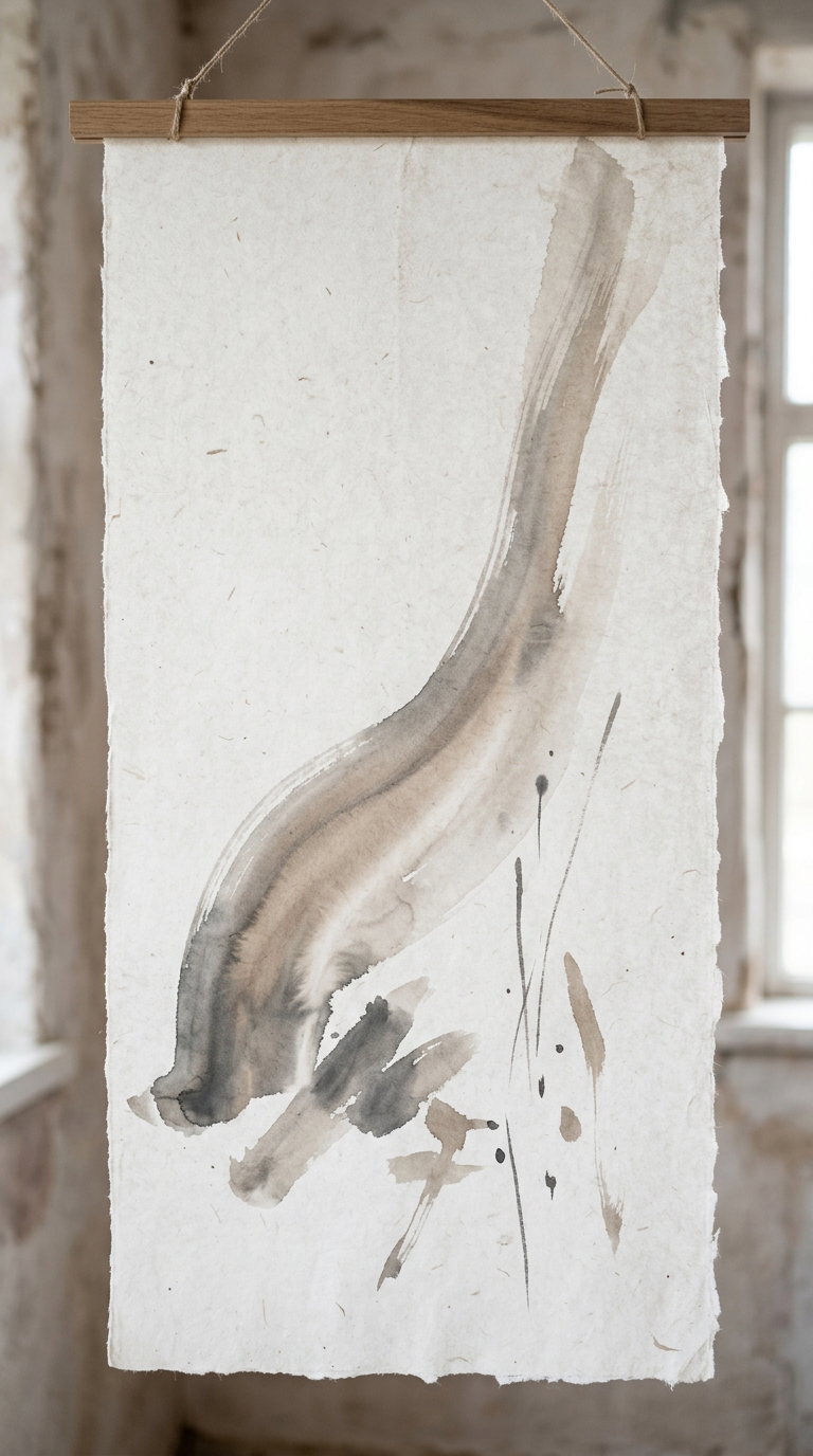 Paper wall hanging with abstract ink brush strokes in beige and black tones, suspended by wooden frame on a neutral background