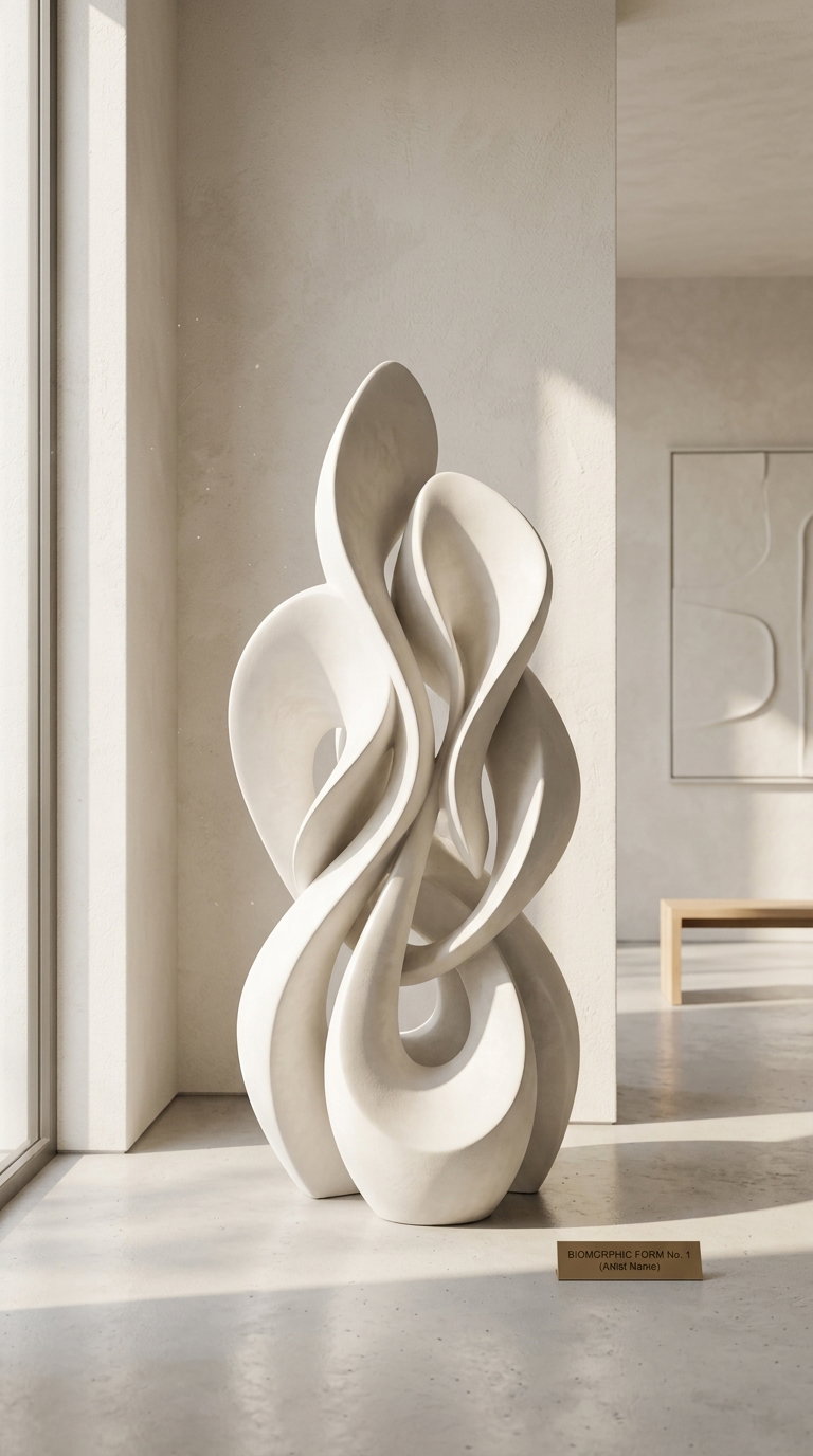 White biomorphic abstract sculpture with smooth flowing curves standing on a concrete floor near a window in a bright minimalist room