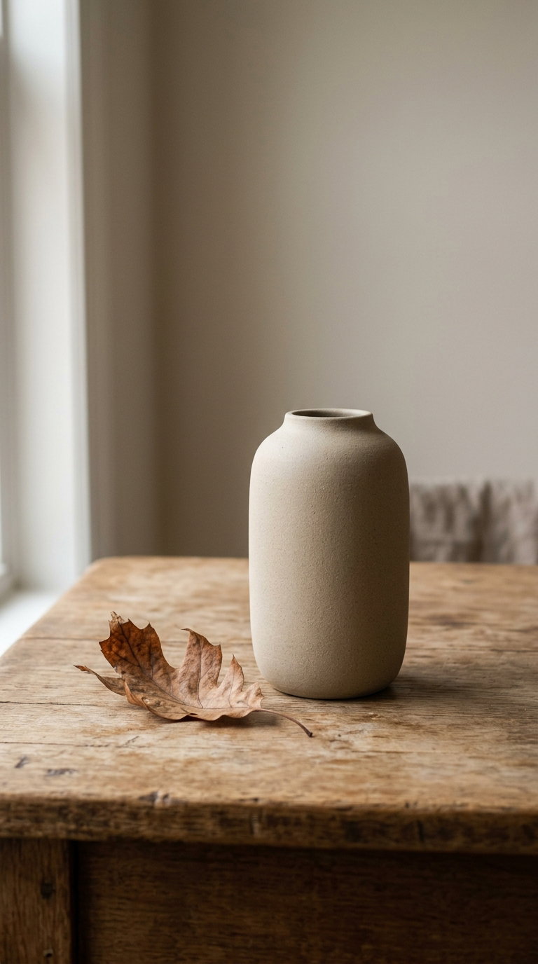 A matte beige ceramic vase and a dried brown leaf on an old wooden table with a plain neutral background