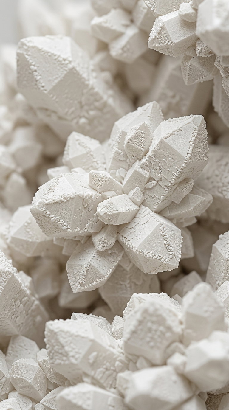 Detailed abstract close-up of white crystalline structures with angular facets and textured surfaces