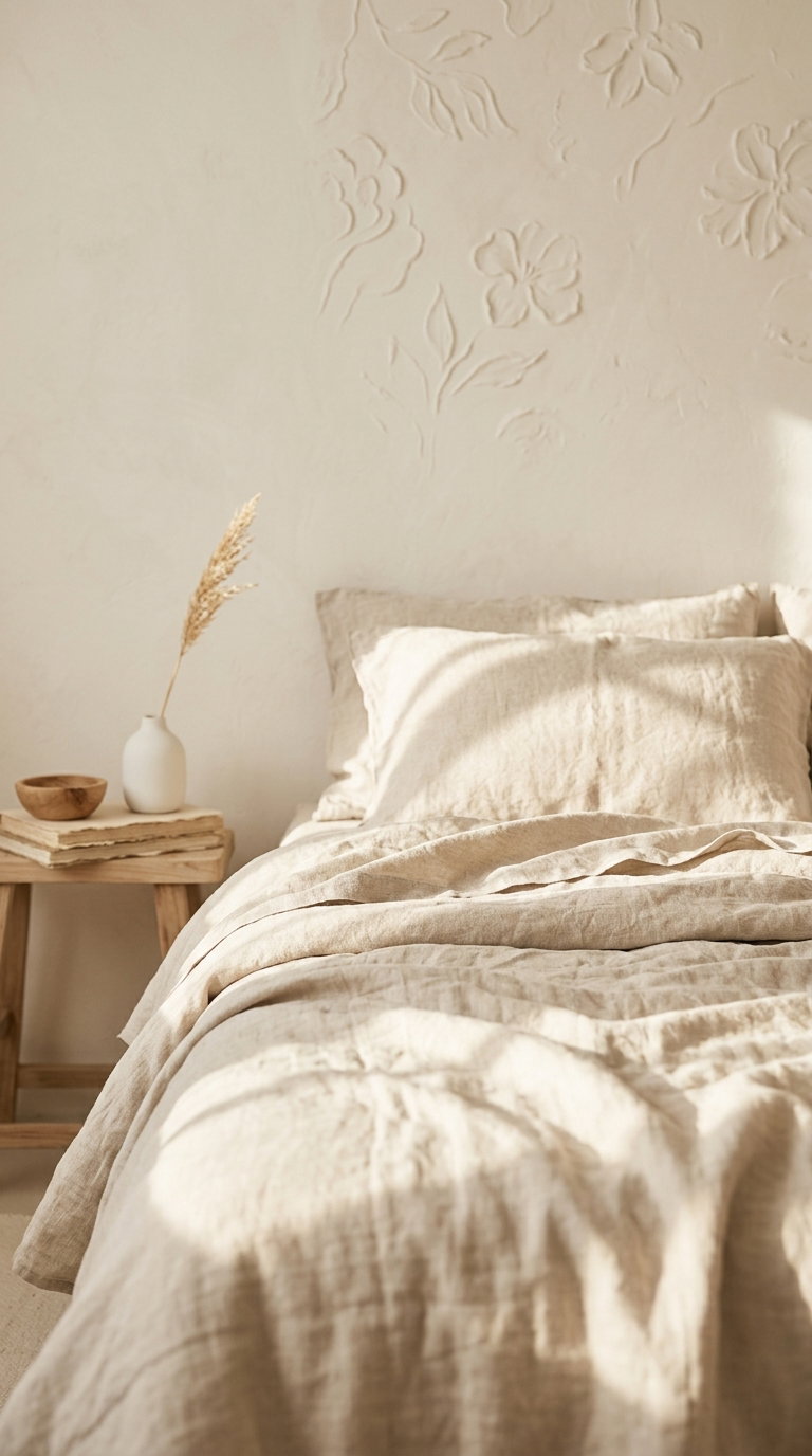 A beige bed with soft, textured bedding and pillows in front of a cream wall with raised floral patterns, next to a wooden side table holding a white vase with dried grass and a wooden bowl.