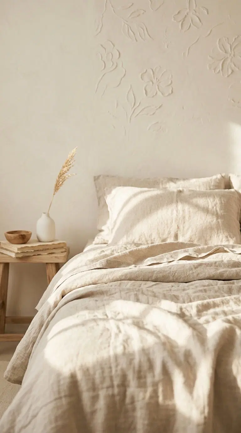 Cozy bedroom with neutral tone bedding and floral textured wall decor