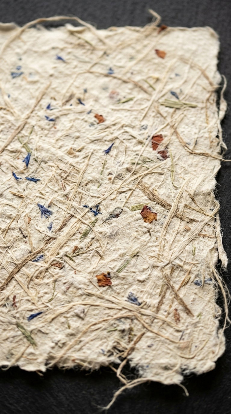 Close-up of a piece of textured handmade paper with visible natural fibers and small blue and brown dried flower petals embedded in it