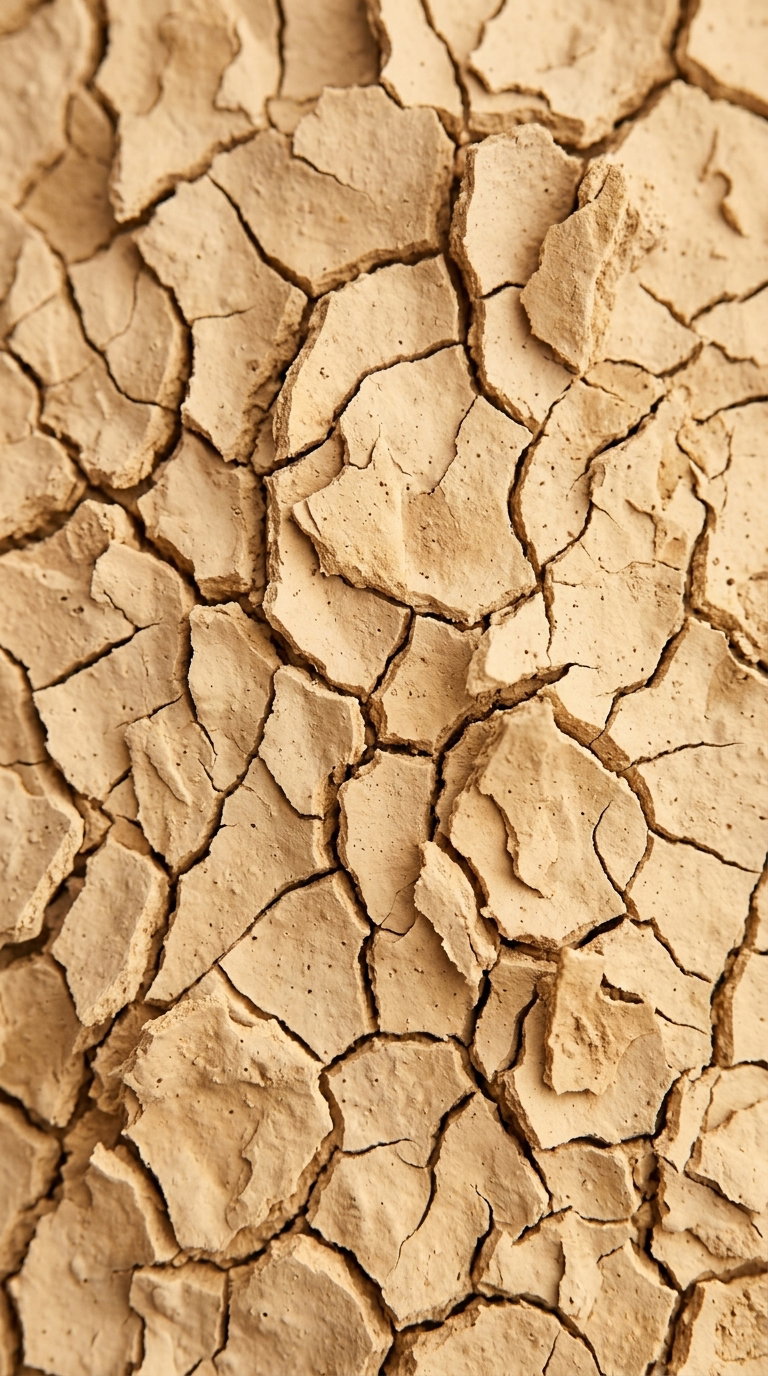Detailed image of cracked dry soil with varying shades of beige and brown natural earth tones