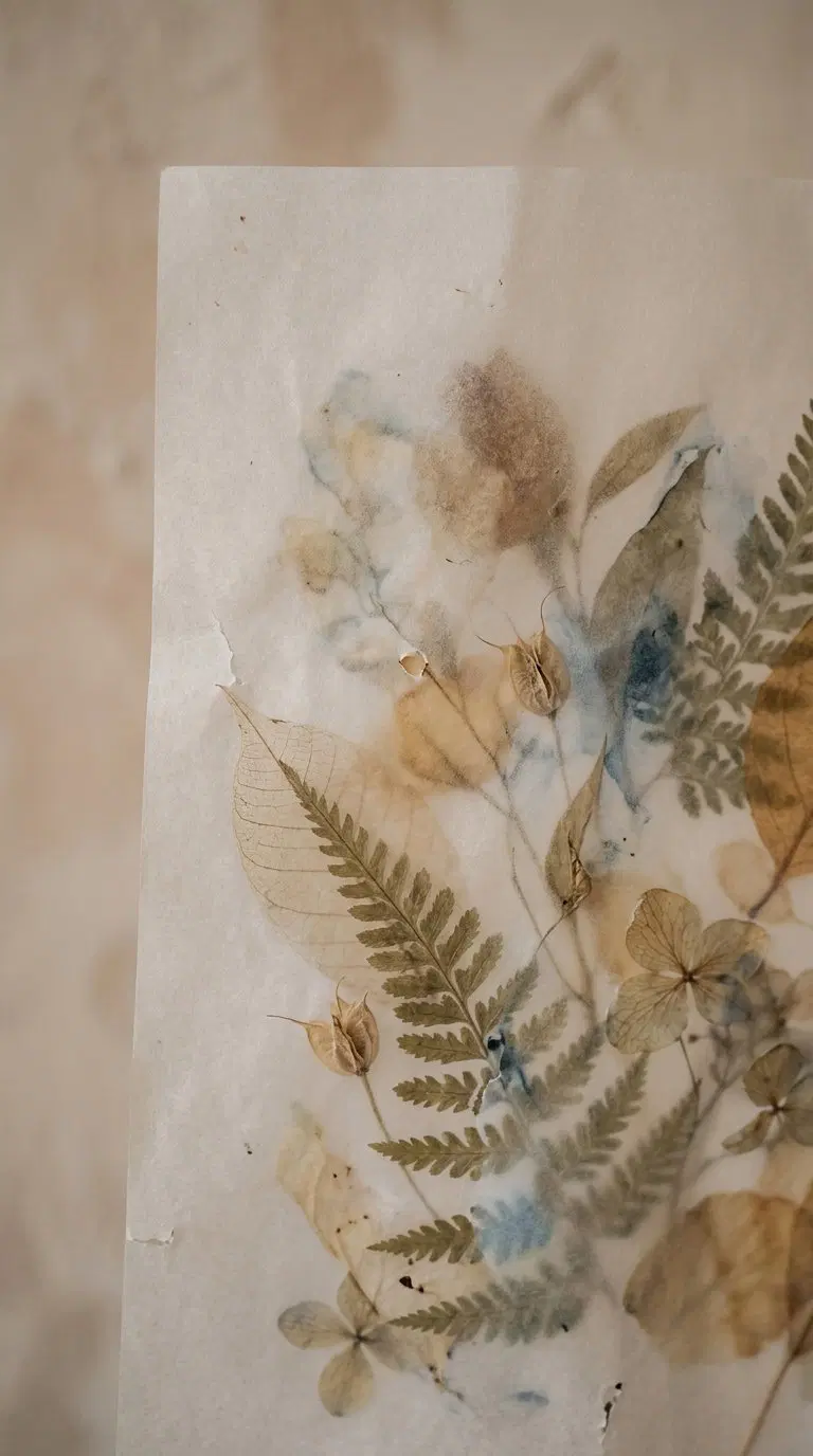Soft vintage botanical prints featuring dried leaves and flowers on parchment