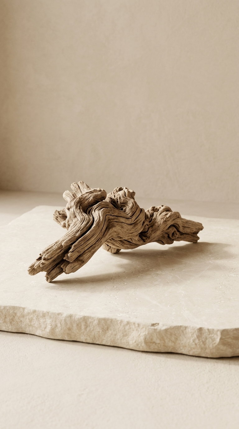 A piece of textured, twisted driftwood placed on a light beige stone slab against a beige background