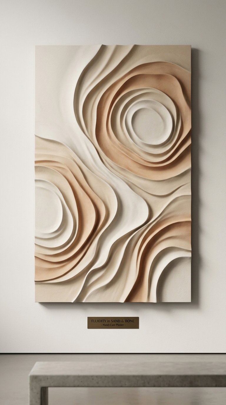 Abstract wall art panel with layered, flowing plaster shapes in beige, cream, and bone tones, mounted on a white wall above a bench.