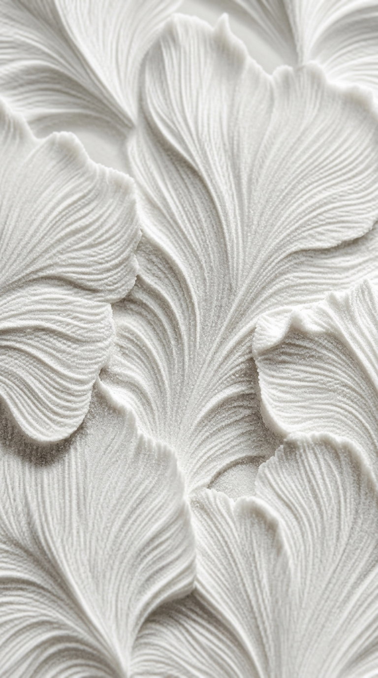 Close-up of textured wall art featuring abstract leaf shapes in white with fine detailed ridges