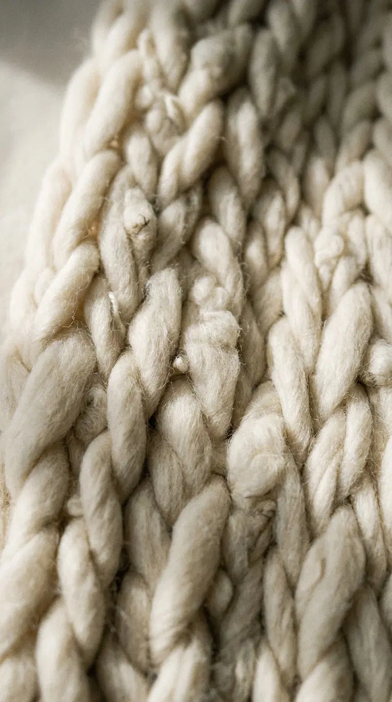 Close-up photograph of a creamy neutral chunky knit textile texture