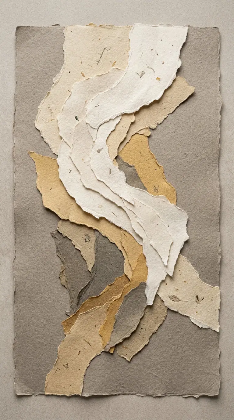 Abstract layered collage of torn paper in neutral and earth tones