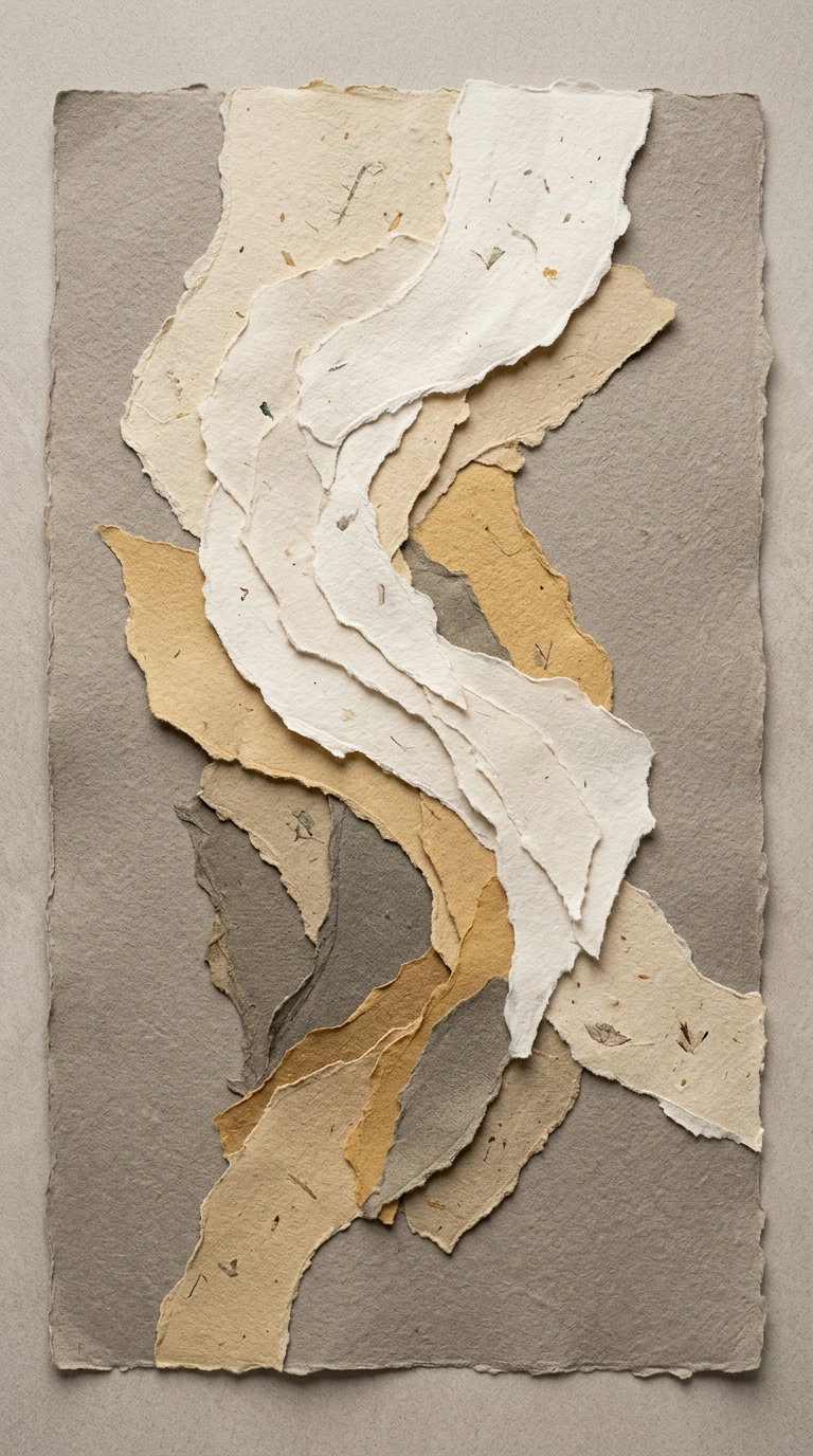 Abstract art created with overlapping torn pieces of handmade paper in shades of beige, cream, yellow, and grey on a light grey background