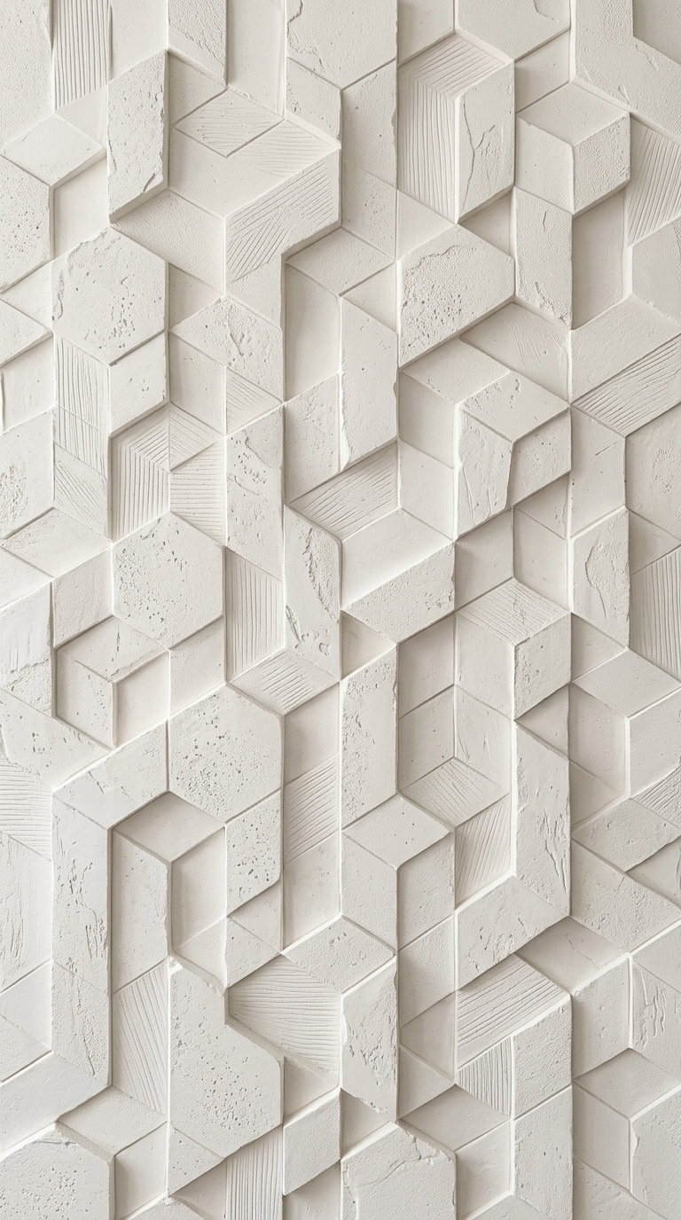 Close-up view of a white textured wall featuring 3D geometric shapes with hexagonal and parallelogram forms and varied surface textures