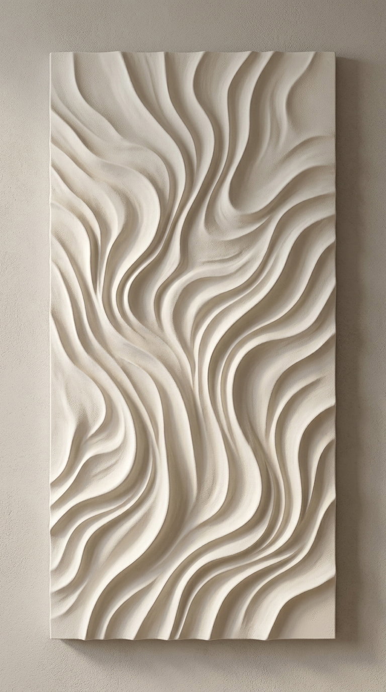 A rectangular wall art piece with smooth, flowing wave-like textured patterns in a monochromatic beige tone mounted on a beige wall