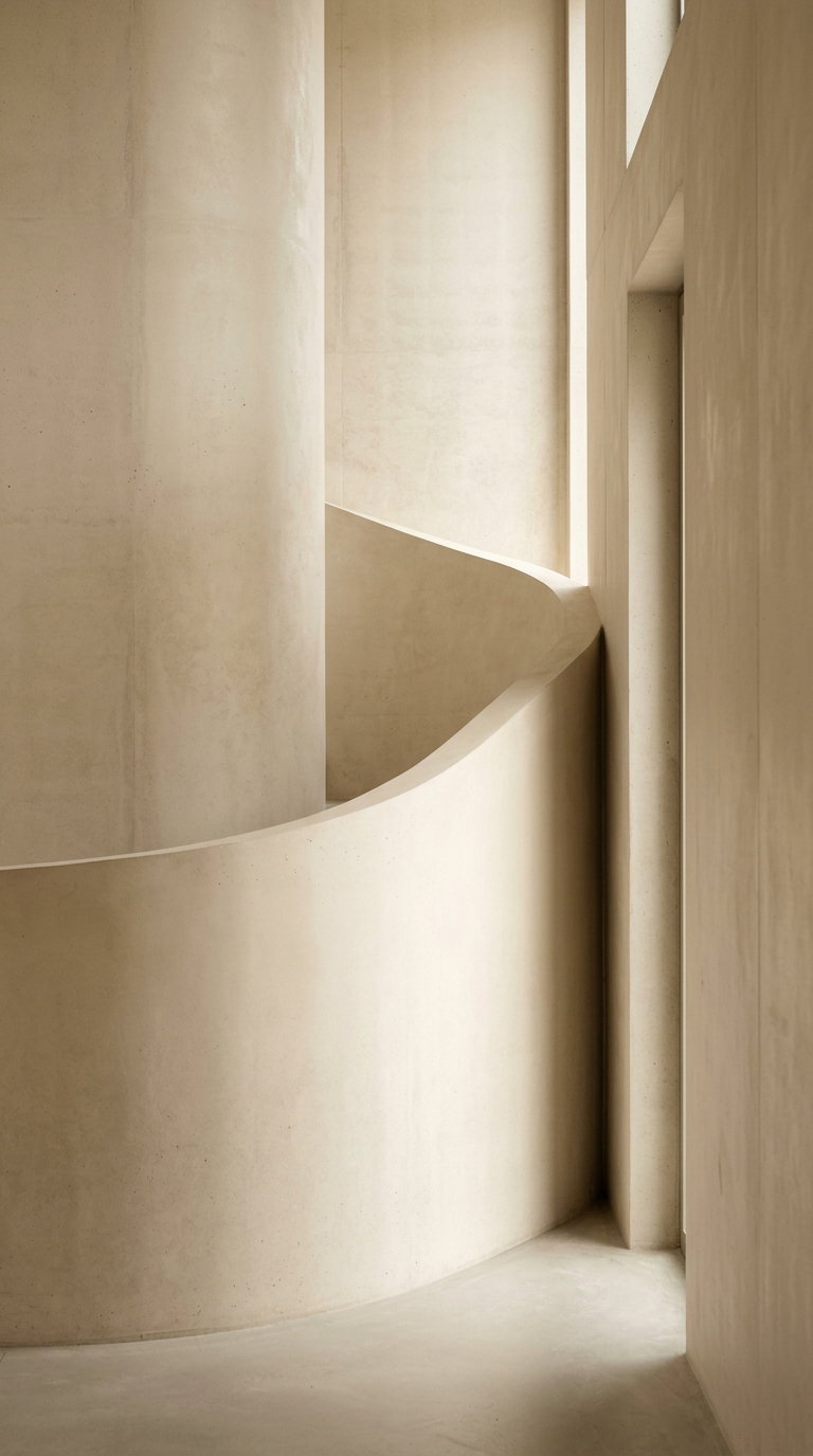 Curved beige walls in minimalist architectural space with soft light filtering through narrow windows