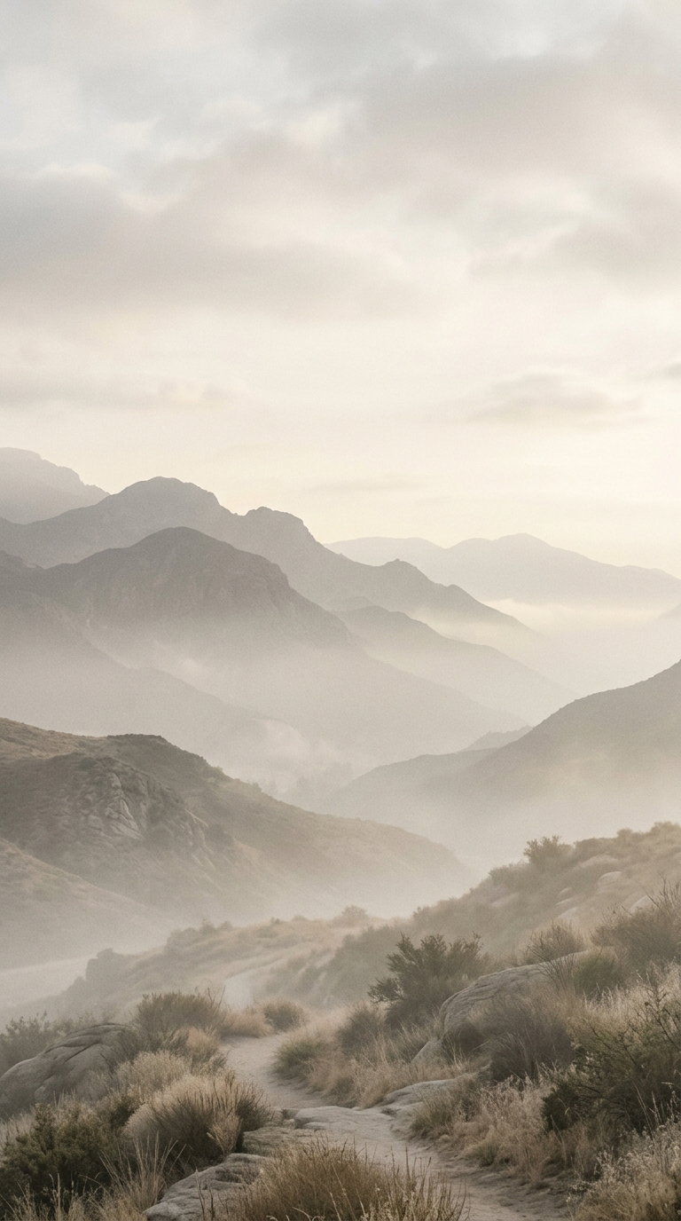 A mist-filled mountain landscape with layered ridges fading into the distance, a dirt path in the foreground surrounded by dry grasses and shrubs under a cloudy sky