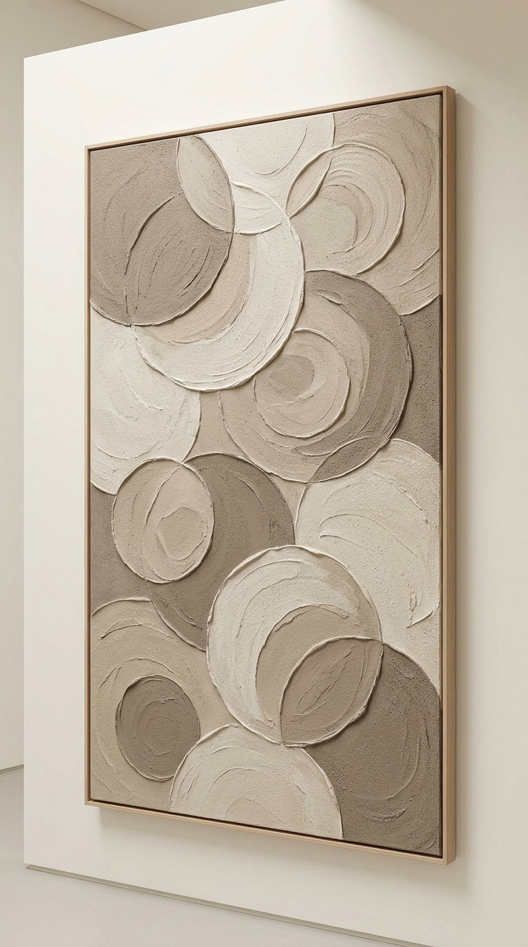 A framed wall art piece with textured circular patterns in shades of beige, cream, and light brown on a white wall.
