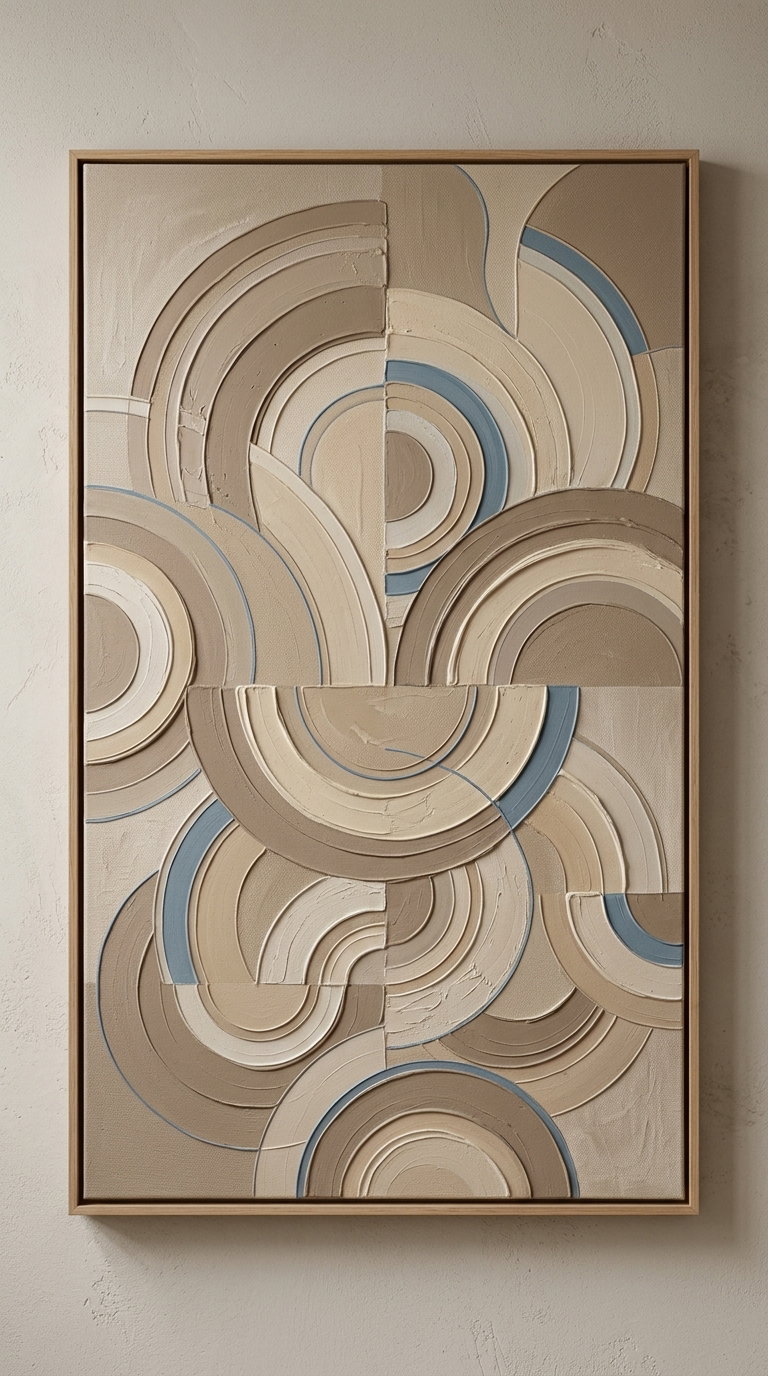 Abstract art piece featuring textured semicircles and curved shapes in shades of beige, taupe, cream, and muted blue, framed in light wood and hung on a beige wall