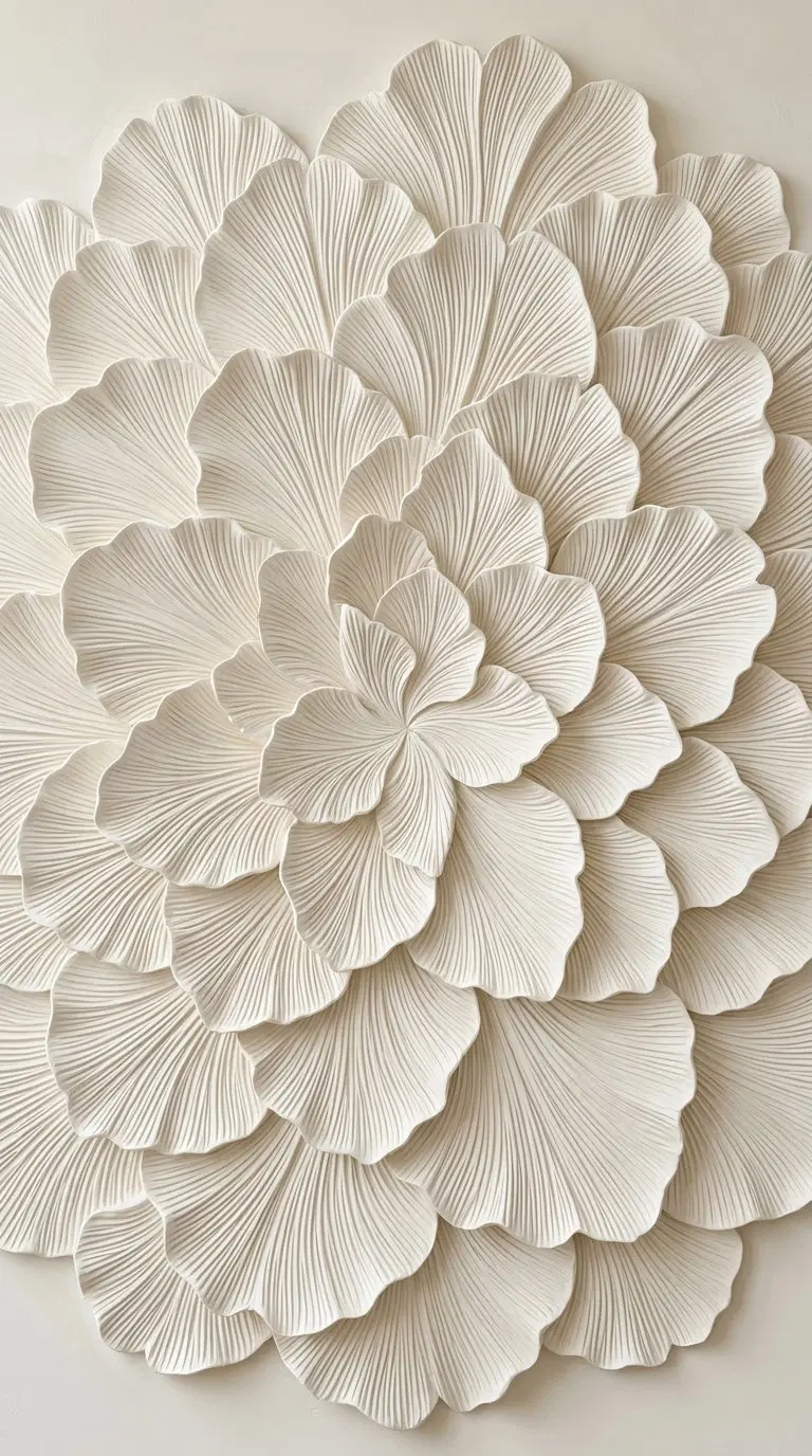Elegant neutral tone wall sculptural art with layered flower petals