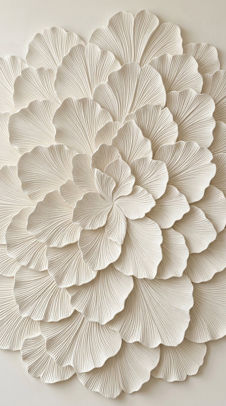 A close-up of a sculptural wall art piece featuring layered, textured flower petals in neutral beige tones, creating a sophisticated and detailed floral design.