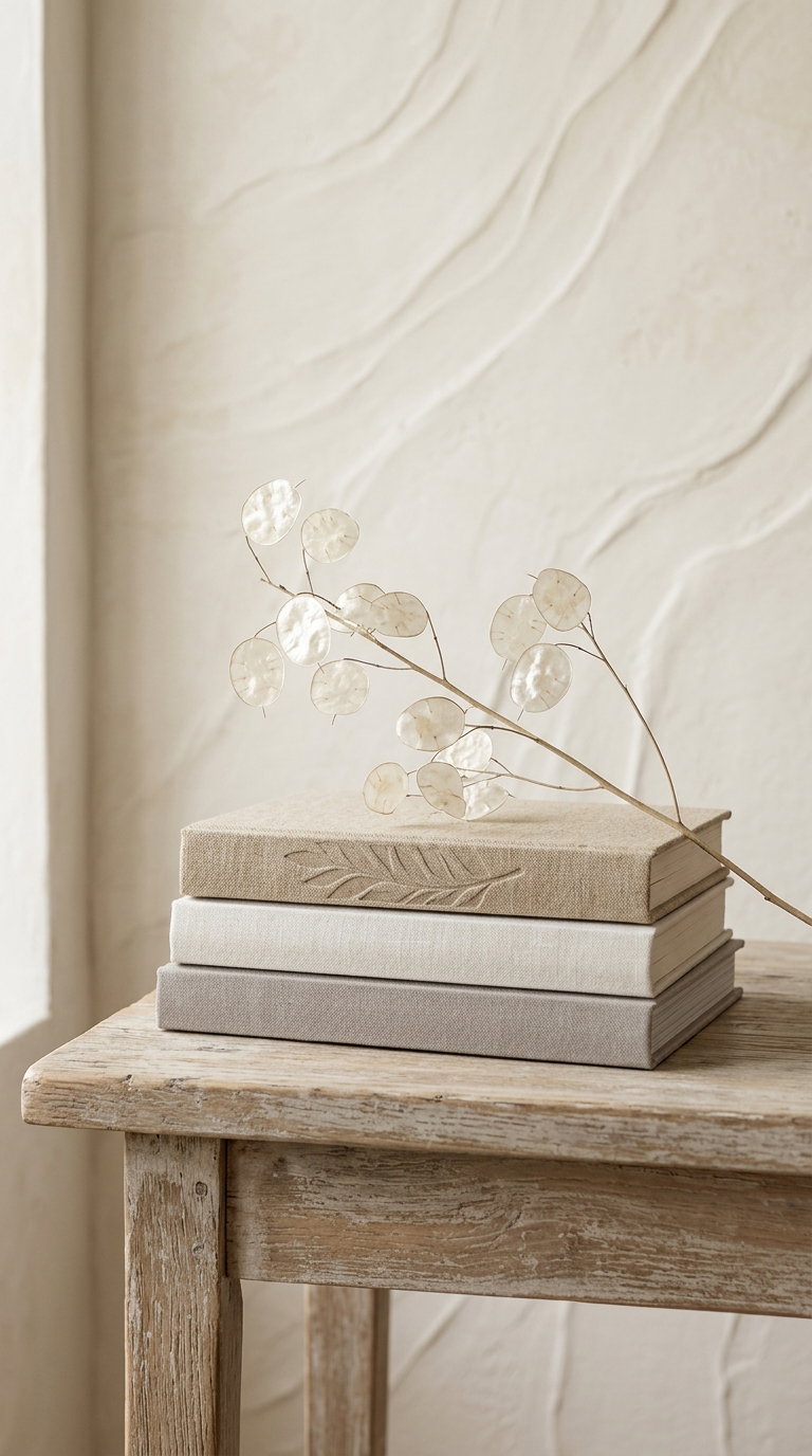 Three books stacked on a rustic wooden table with a branch featuring translucent seed pods placed on top, set against a textured beige wall