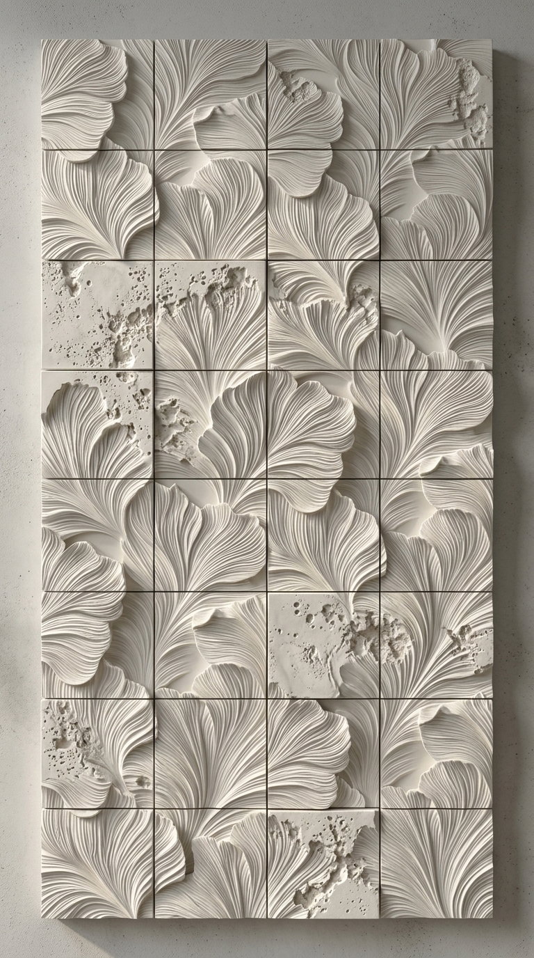 Wall art consisting of 35 square tiles arranged in a grid, each featuring intricate carved leaf designs and textured details in a soft neutral color.