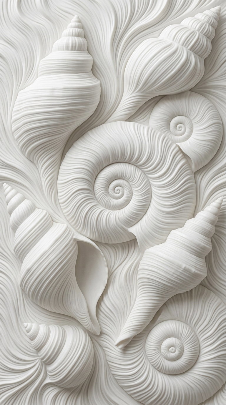 A close-up of white seashell sculptures with flowing textured lines creating an abstract and harmonious ocean-inspired design.