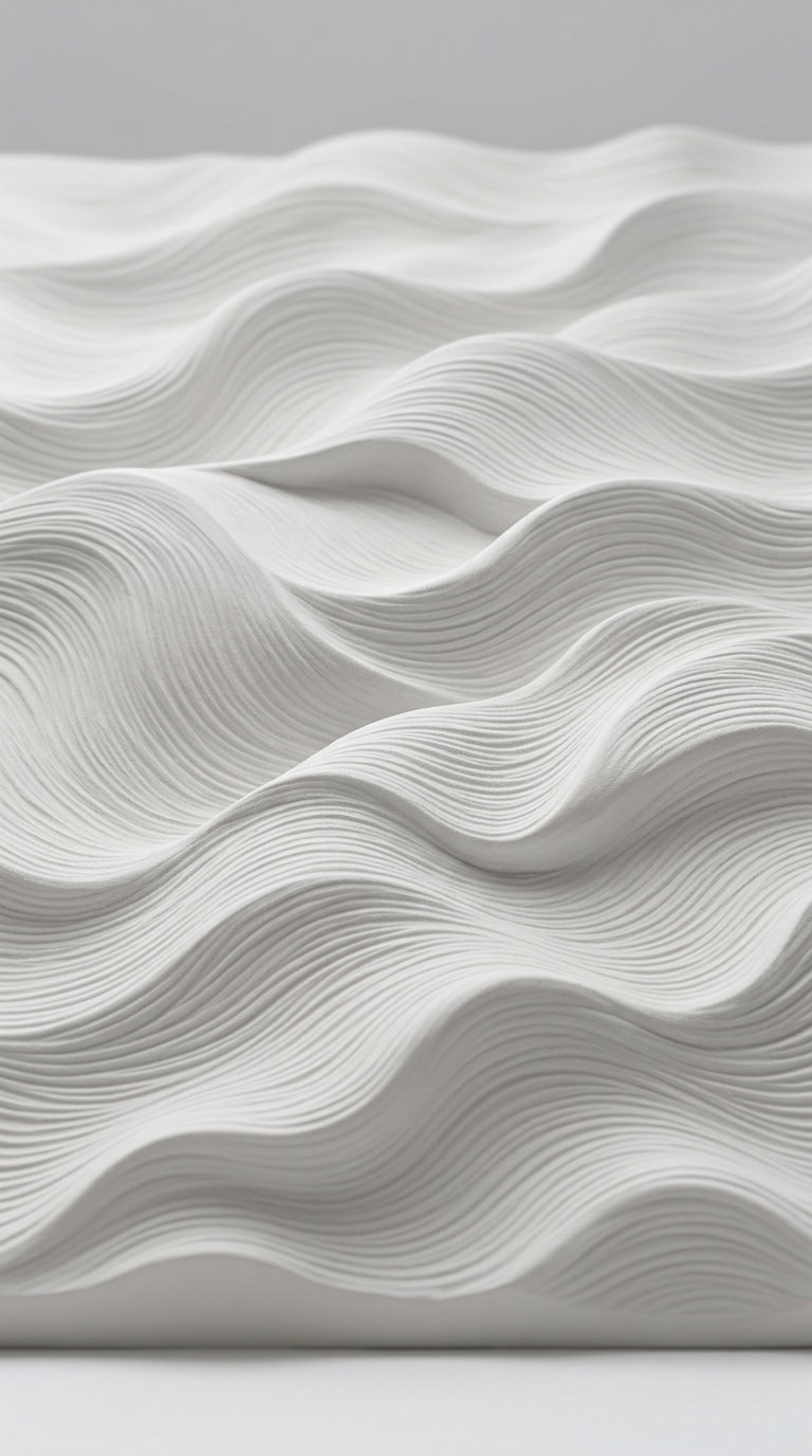 White sculptural wall art with smooth, flowing, wave-like textured lines creating an abstract minimalist design