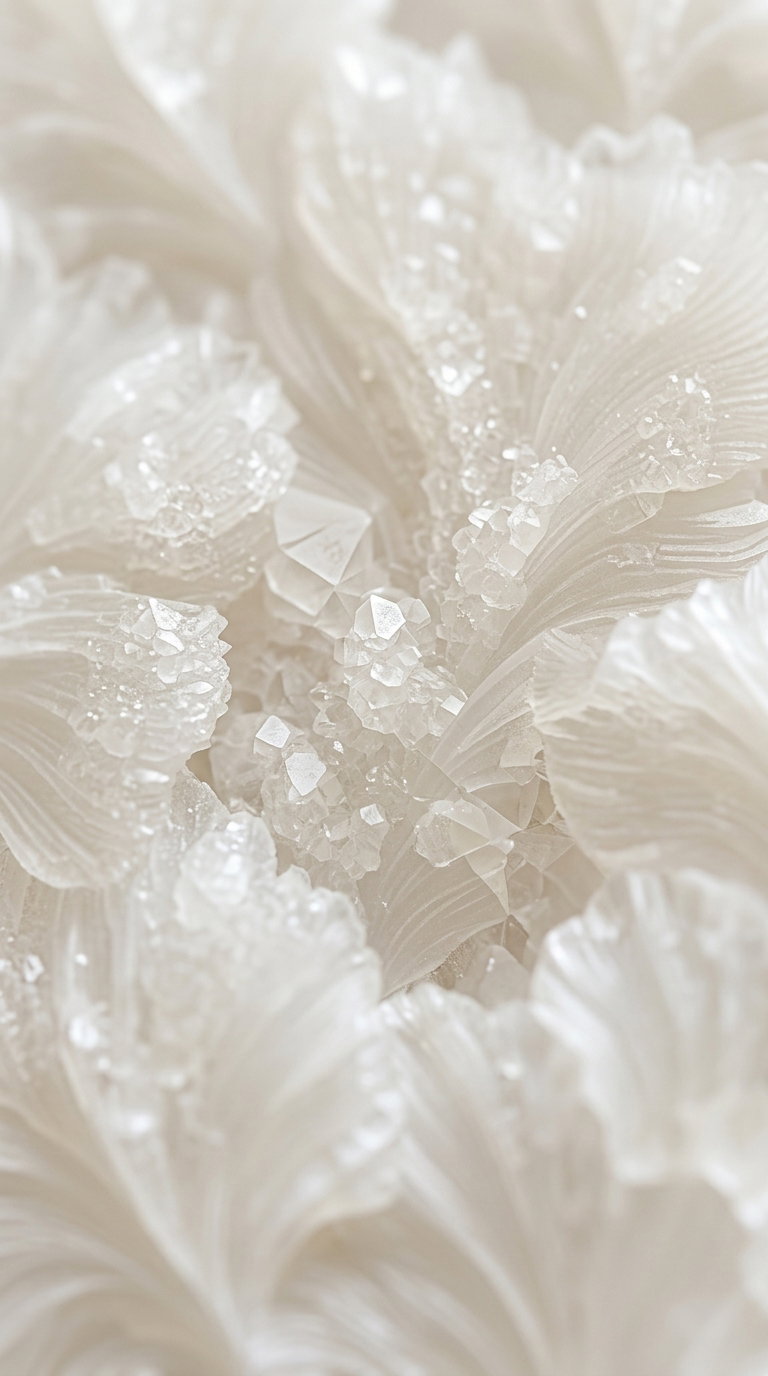 Detailed view of clear and white crystals with intricate and soft organic textures