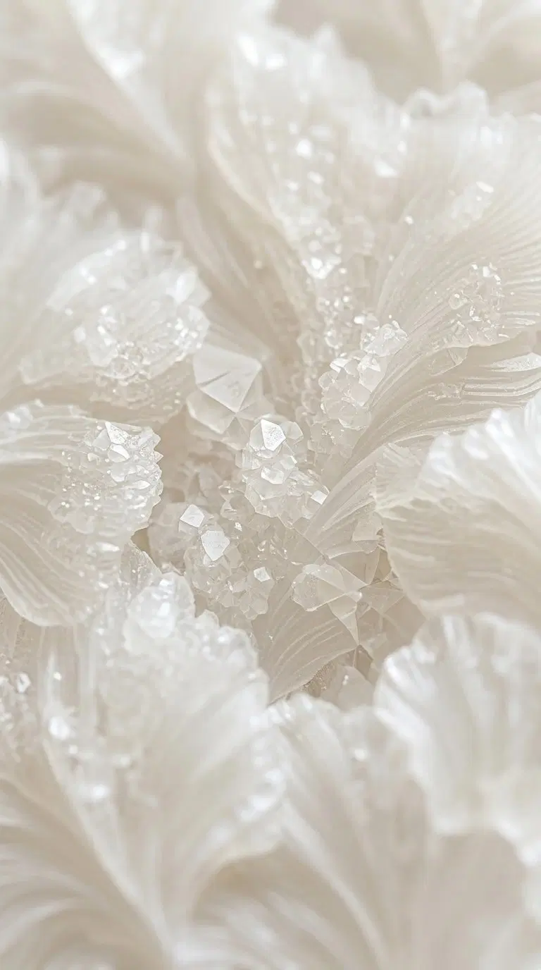Close-up photograph of translucent crystal formations with delicate textures