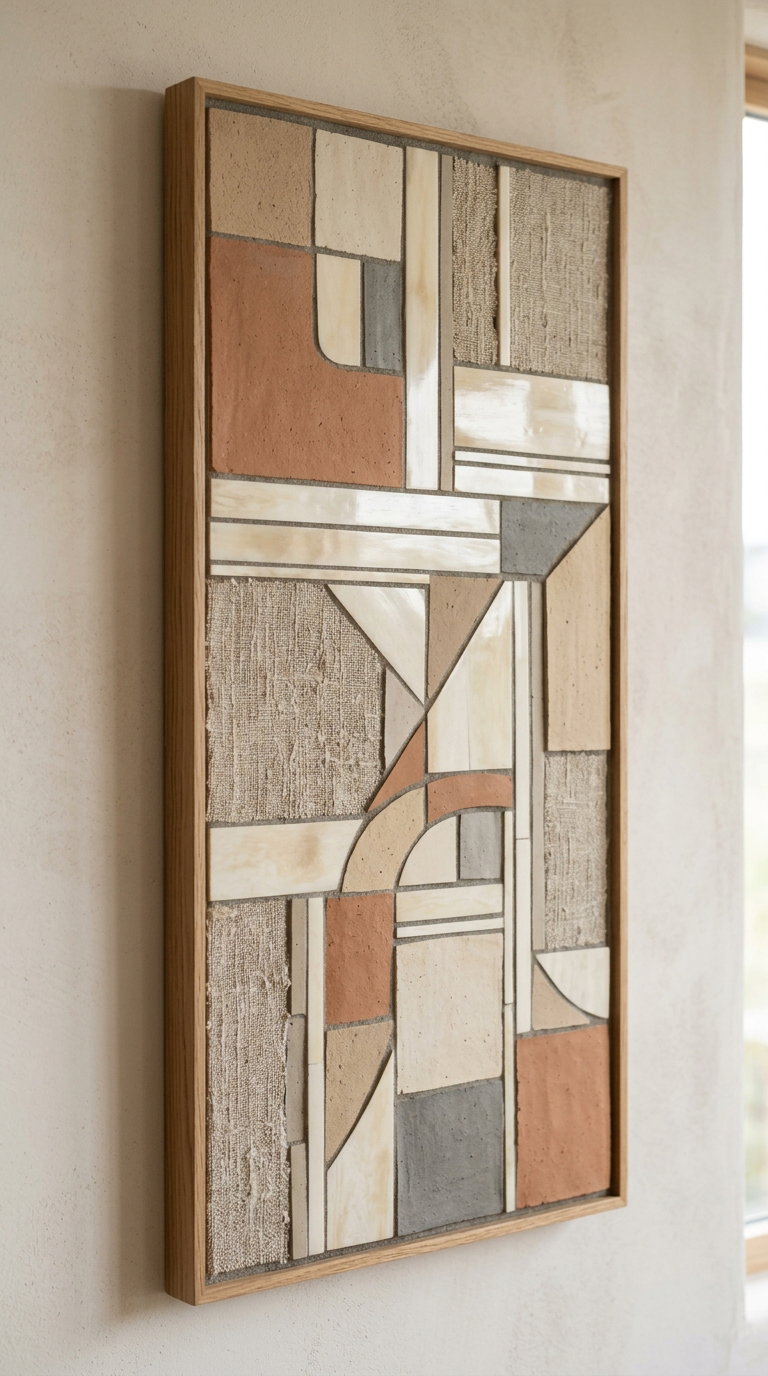 Framed abstract geometric wall art featuring various textured and colored blocks in shades of beige, cream, terracotta, and gray, mounted on a light beige wall