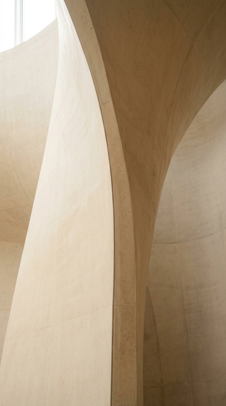 Curved and smooth architectural structures in beige concrete with soft natural light and an abstract design