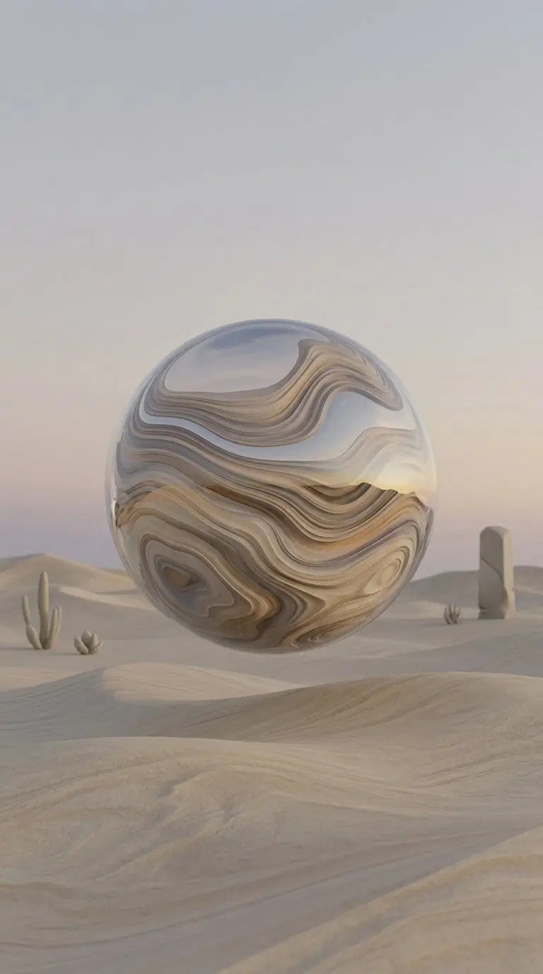 Surreal abstract art of a floating sphere with layered wood texture in a desert