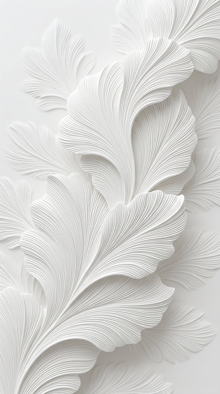 A close-up view of white minimalist wall art displaying intricately detailed, embossed leaf shapes with fine linear textures creating a subtle 3D effect on a white background