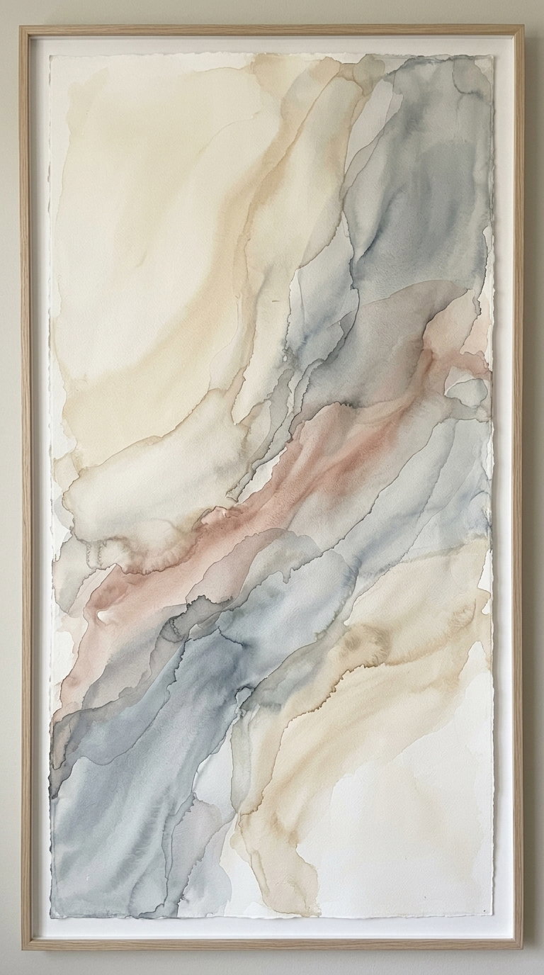 Framed abstract watercolor art featuring soft, flowing layers in beige, gray, and muted pink hues on textured paper.