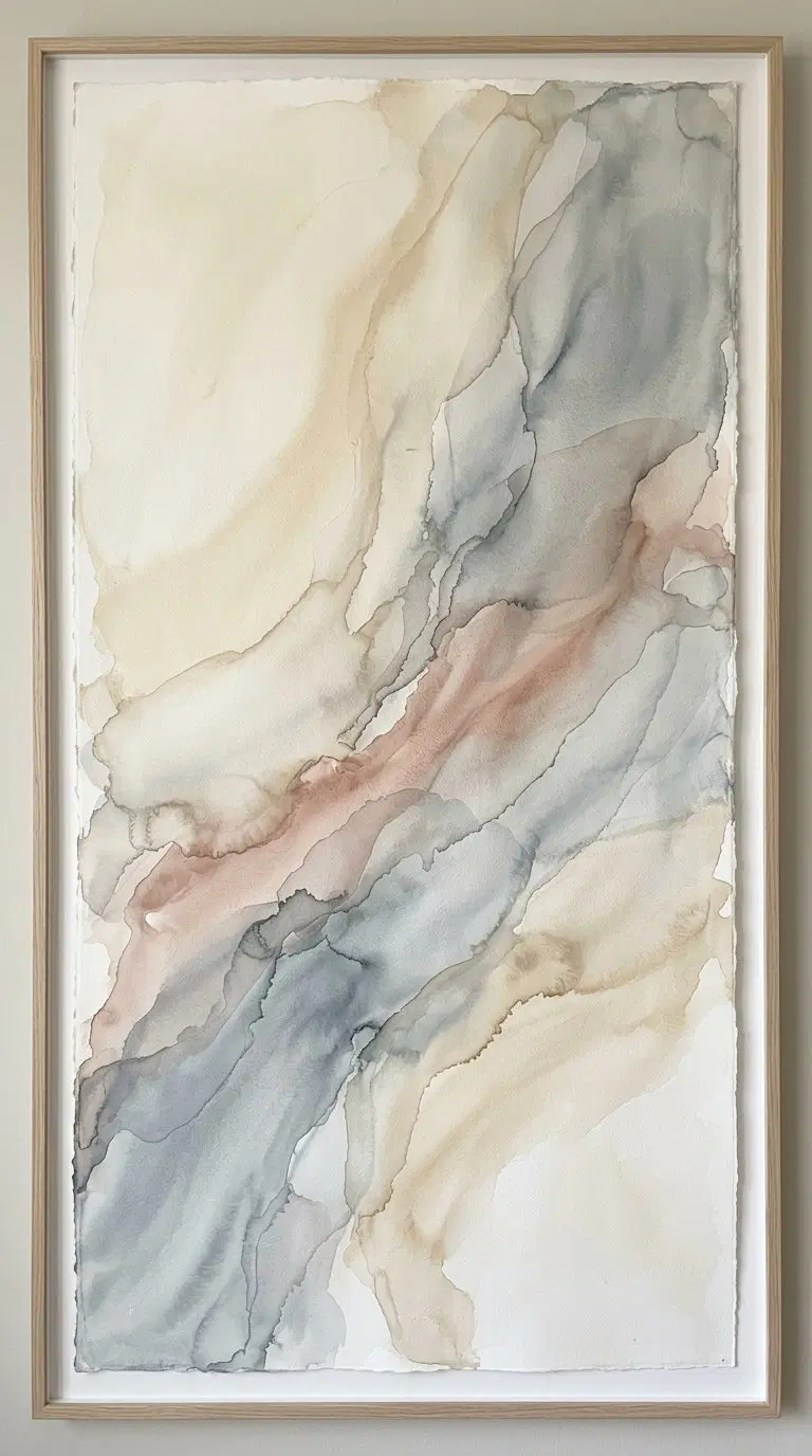Subtle Abstract Watercolor Painting with Neutral and Muted Tones in Frame