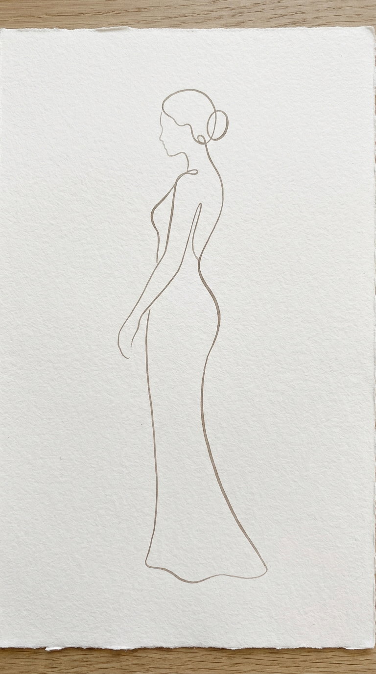 A simple continuous line drawing of a woman standing in profile with her hair in a bun, on a piece of textured white paper