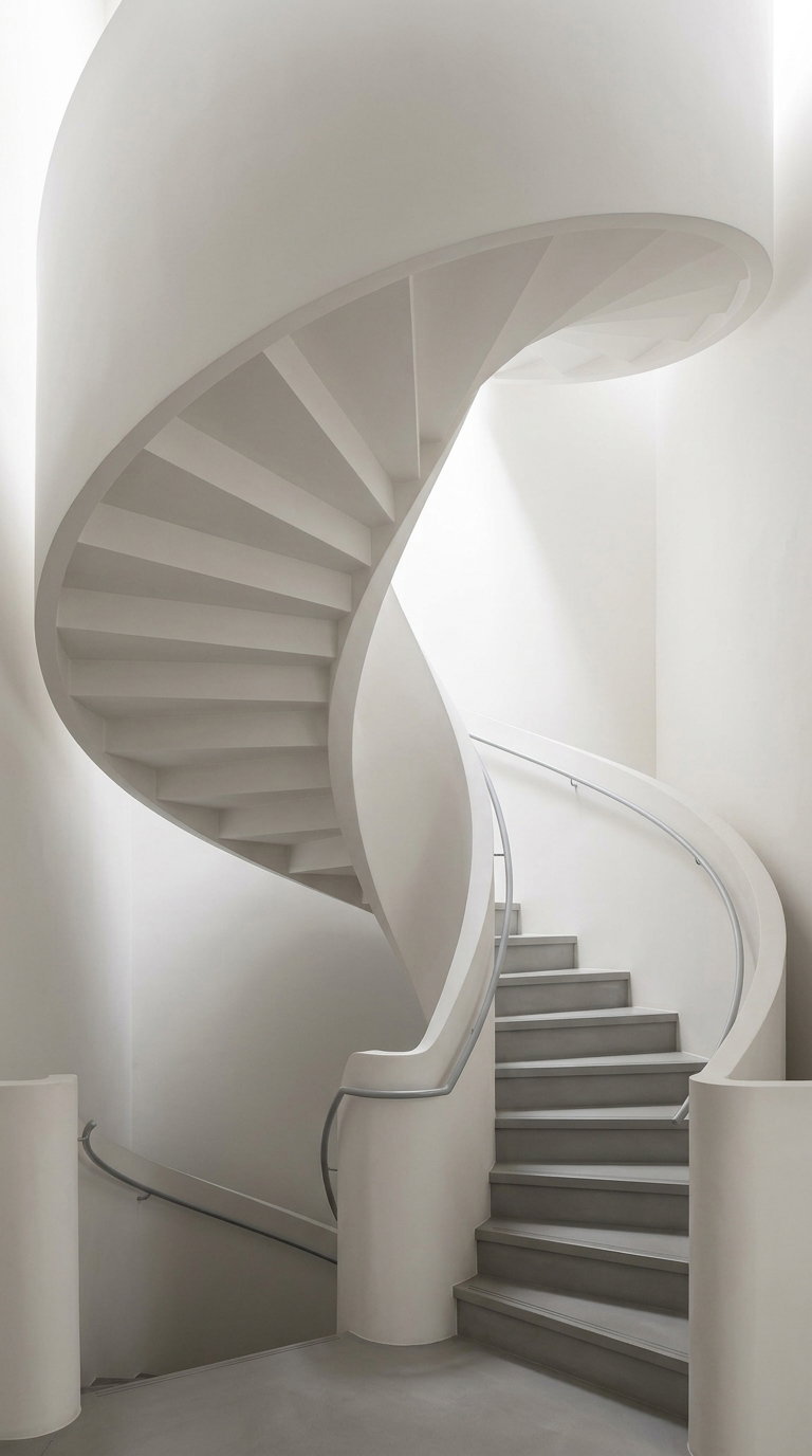 Photograph of a modern spiral staircase with smooth, flowing lines and neutral white and gray tones