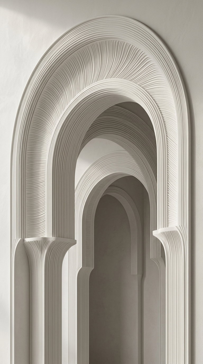 Close-up photo of minimalist architectural arches with detailed textured lines in a neutral color palette