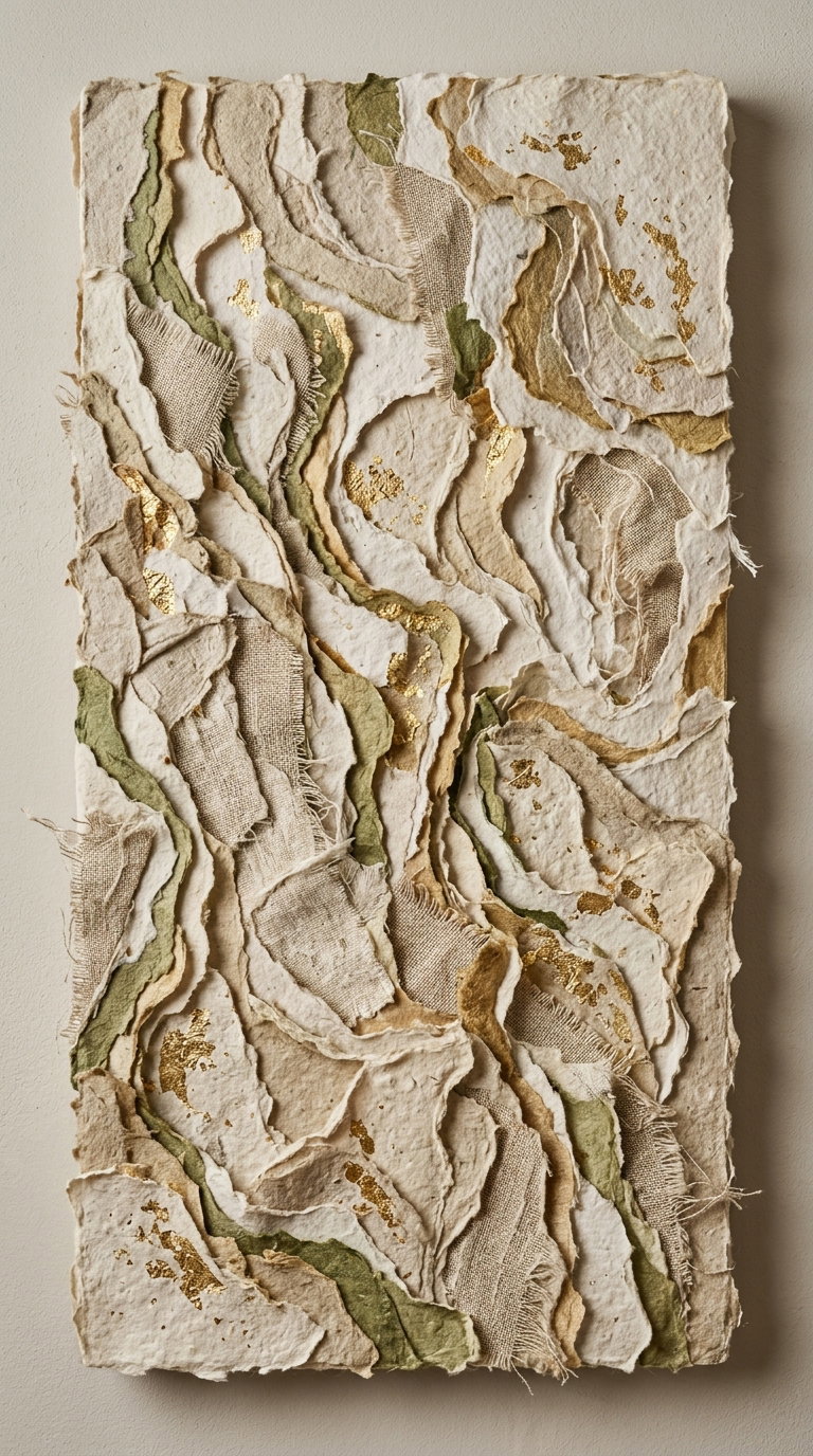 Layered textured wall art made from torn pieces of paper and fabric in neutral tones with gold leaf accents