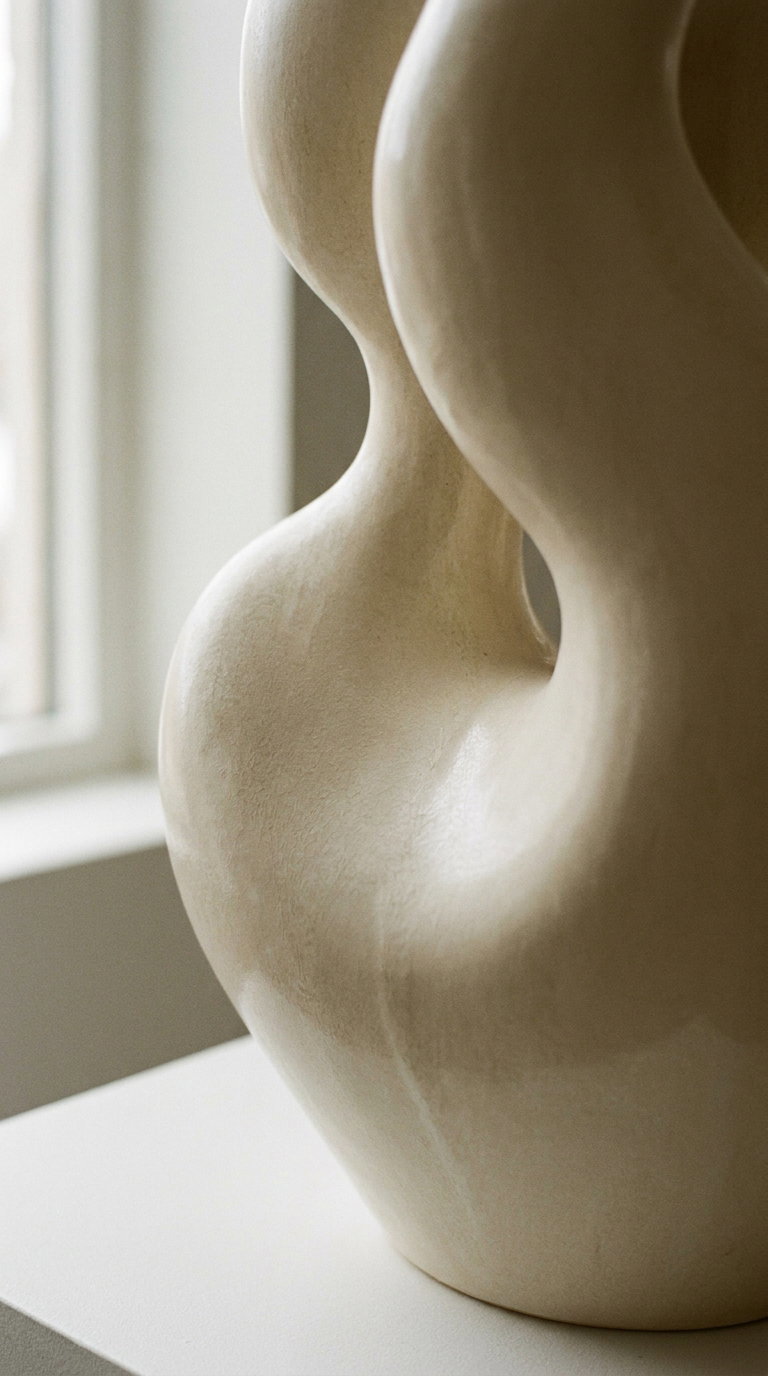 Close-up of a beige ceramic sculpture with smooth, flowing organic curves on a white surface near a window