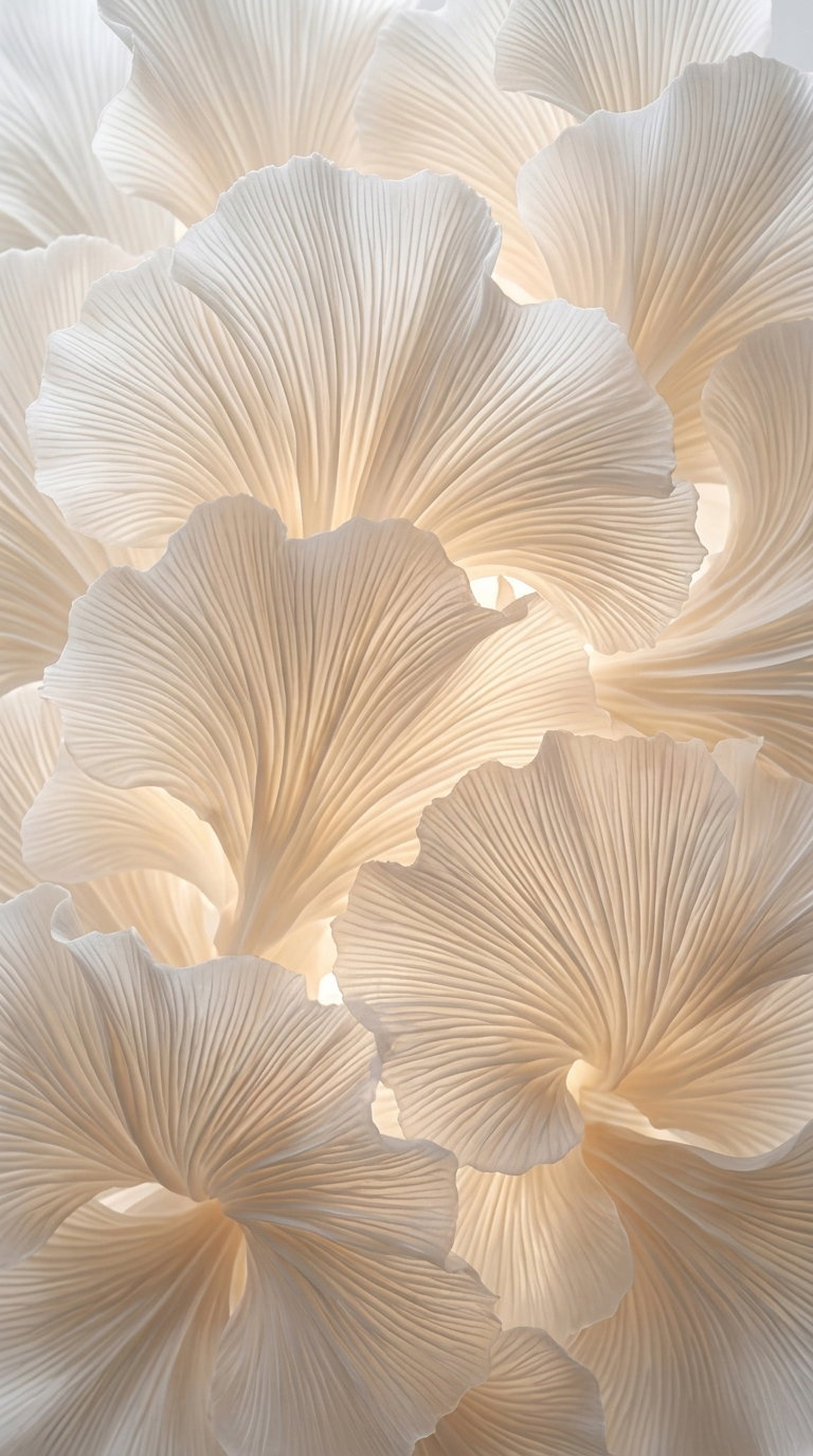 Close-up image of layered translucent, pale cream botanical shapes resembling delicate leaves or petals with fine vein details and soft glowing light behind them