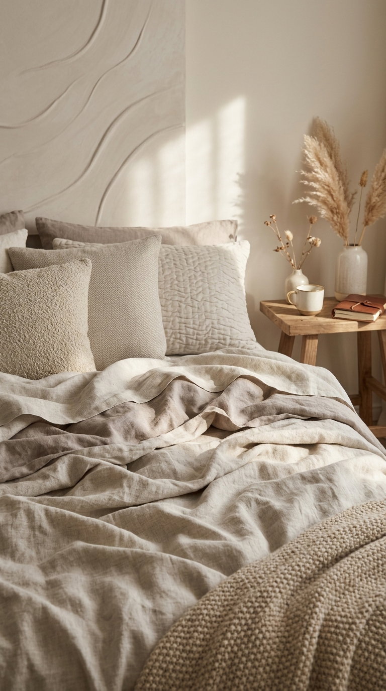 Bed with crumpled beige and cream linens, textured pillows, and a wooden side table with vases and dried pampas grass